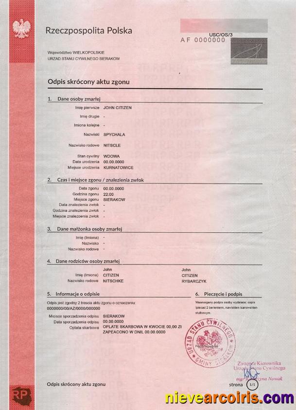 Poland death certificate